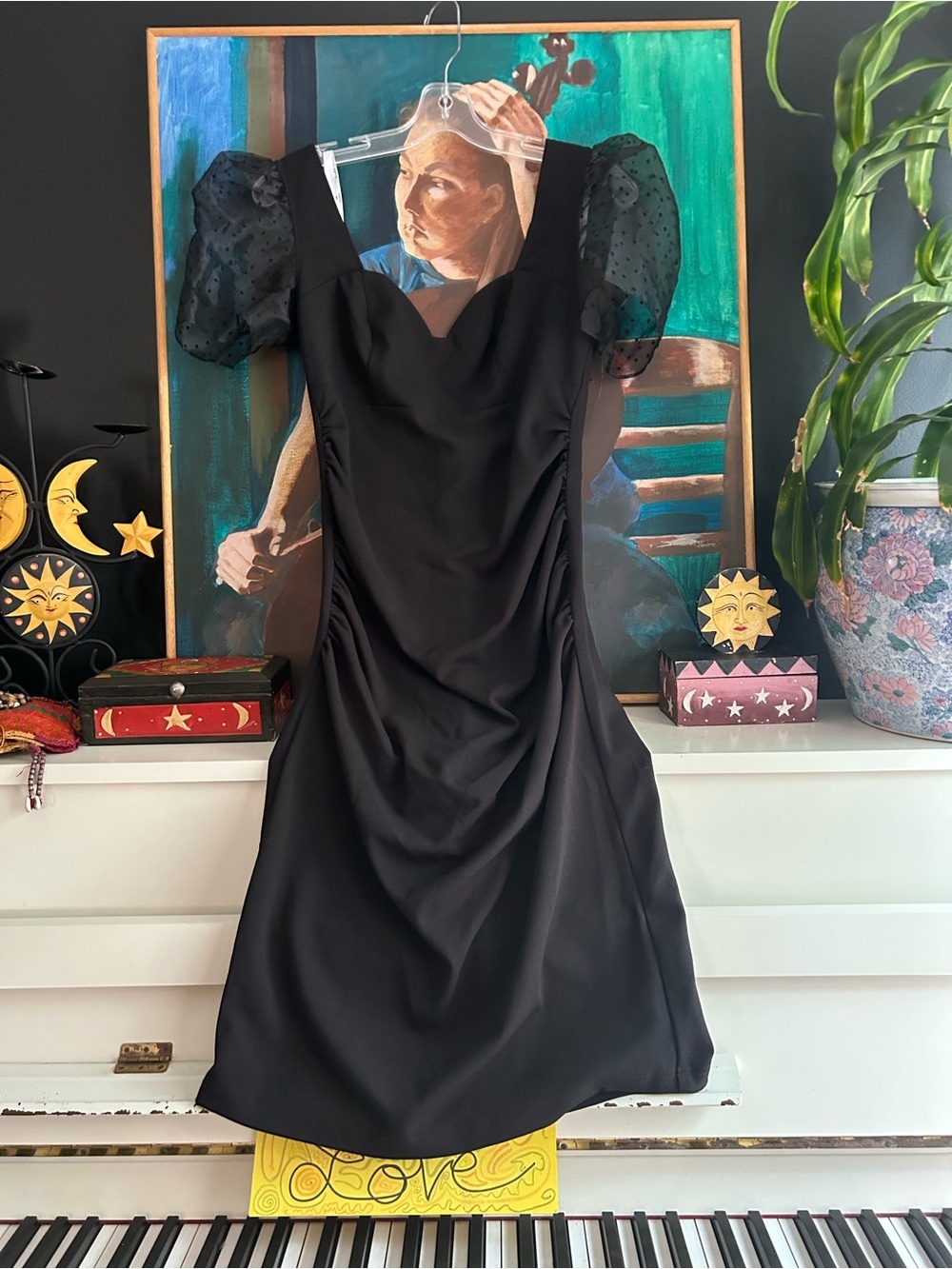 DB Studio Black Puff Sleeve Midi Dress Size 8 Sheer Swiss Dot Romantic Goth